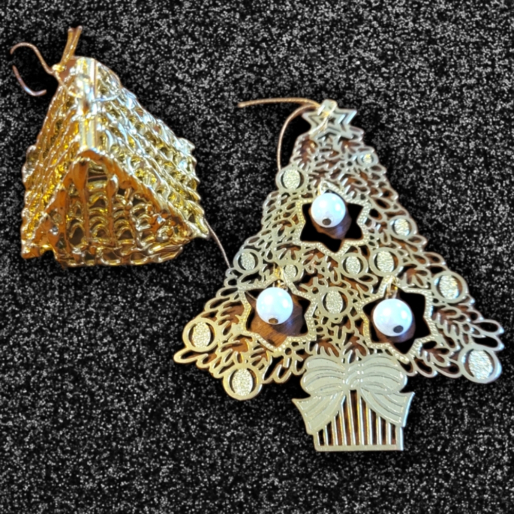 2 Vtg Gold Plated W/Pearl Beads Christmas Tree Church Ornament